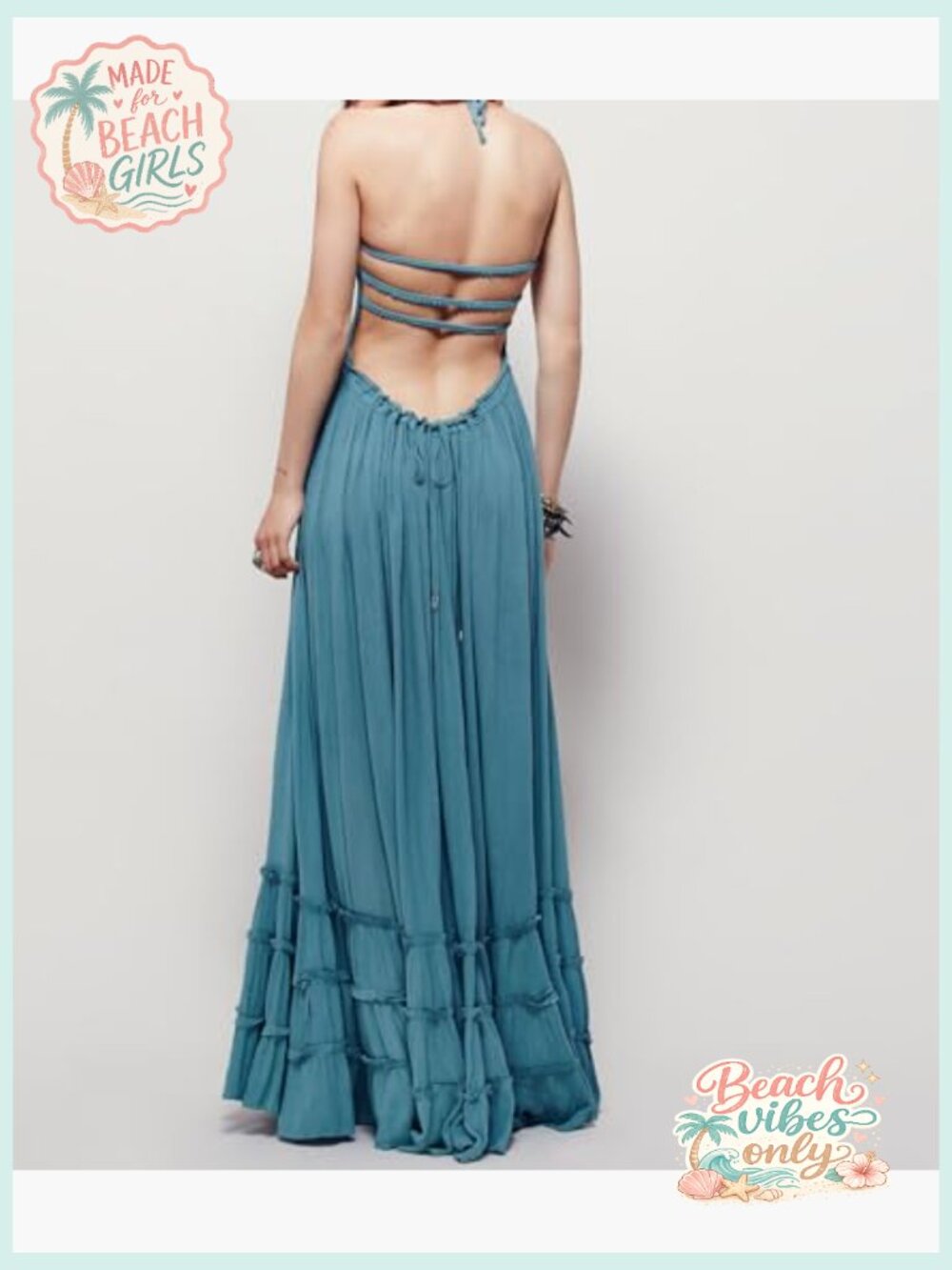 Boho Backless Maxi Dress with Smocked Bodice - Sleeveless Halter - Picture 2 of 7